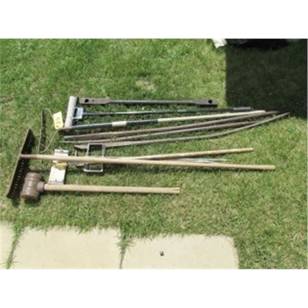 RAKES, PITMAN BAR FOR HORSE DRAWN SICKLE MOWER, PRY BARS, DRYWALL SANDING POLE, MUD MIXER, 20LB POST