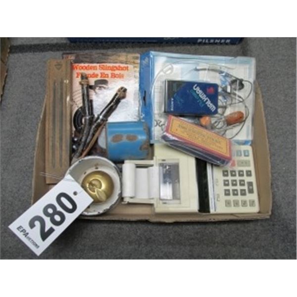 COLLECTOR’S ENAMEL CUPS, WALKMAN, SLINGSHOT, WOODEN SCHOOL PENCIL BOX, SMALL ADDING MACHINE