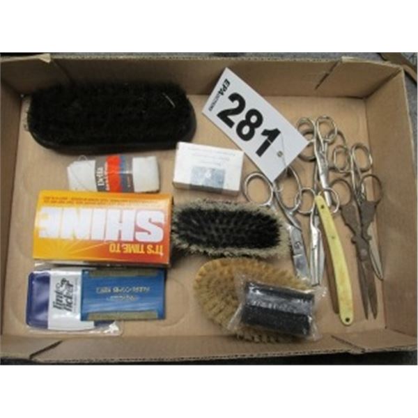 COLLECTOR’S BRUSHES, SHOESHINE BRUSHES, SCISSORS AND STRAIGHT SHAVING KNIFE