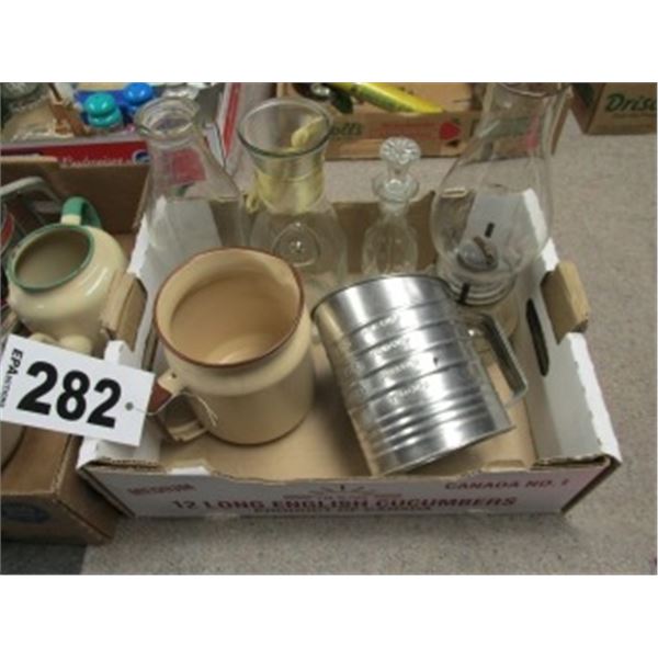 3 COLLECTOR'S FLOUR SIFTERS, ENAMEL TEAPOT, ENAMEL PITCHER, KEROSENE LAMP, MILK BOTTLE, GLASS DECANT