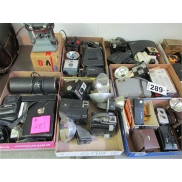 COLLECTOR CAMERAS IN CASES, MOVIE CAMERAS. POLAROID CAMERAS & PROJECTOR, VIVITAR ZOOM LENS, 67MM-260