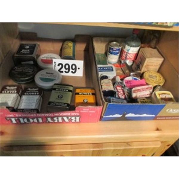 COLLECTOR ASSORTMENT OF MEDICINE CANS, SPICE CANS, SALVE CANS, GLASS PILL BOTTLES