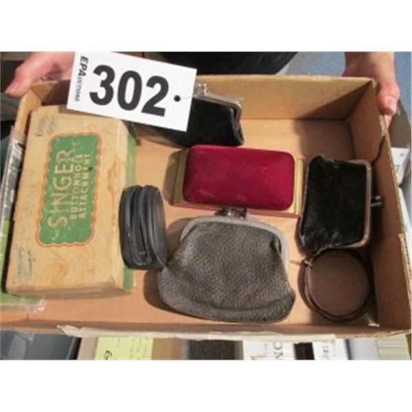 COLLECTOR SINGER SEWING MACHINE ATTACHMENTS, COIN PURSES & EYE GLASS CASE