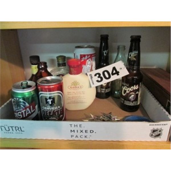COLLECTOR CANS, LIQUOR BOTTLES, BEER BOTTLES, WOODEN ALBERTA SPRINGS BOX