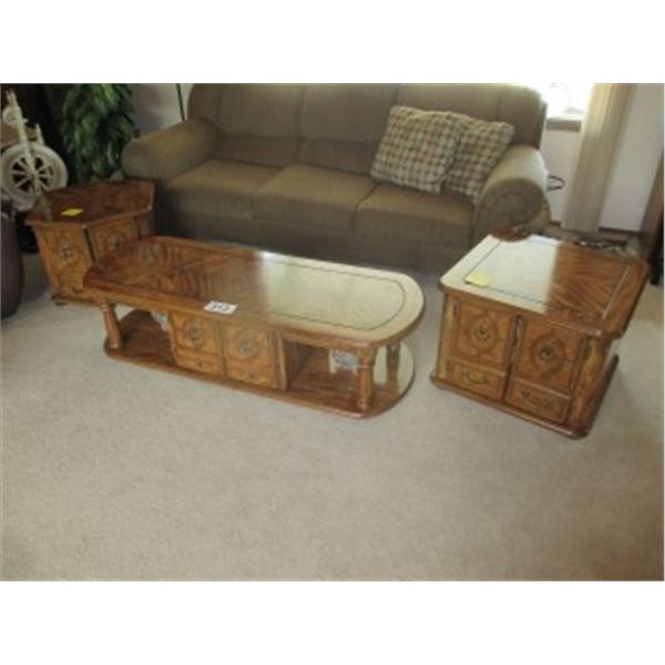 VENEERED WOOD COFFEE TABLE & 2 END TABLES