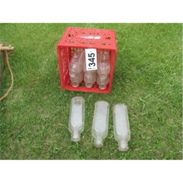 RED BEATRICE CRATE C/W 9 GLASS MILK BOTTLES