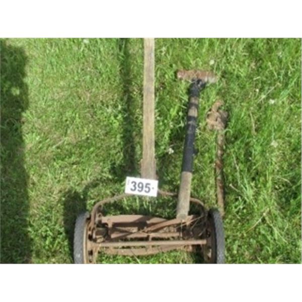VINTAGE LAWNMOWER, PIPE WRENCH, SLEDGE HAMMER