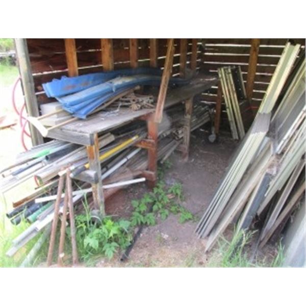 CONTENTS OF SOUTH LEAN TO; IRON, PIPES, ODDS & ENDS, SIDING (FULL & PARTIAL LENGTHS),