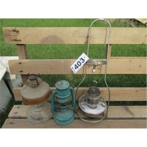 PARTIAL LANTERN & 2 KEROSENE LAMPS