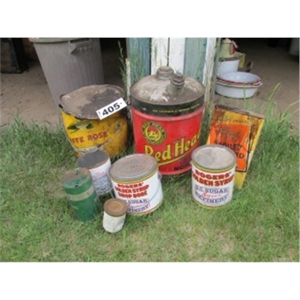 REDHEAD OIL CAN, OIL CAN, COLLECTORS SYRUP CANS, WHITE ROSE GREASE CAN
