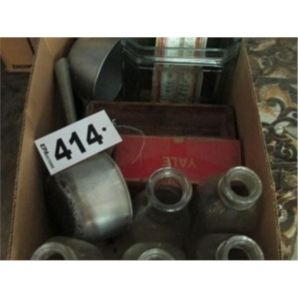 DIPPERS, MILK BOTTLES, LEATHER SEWING KIT, WOOD SHELVES, GLASS JUG