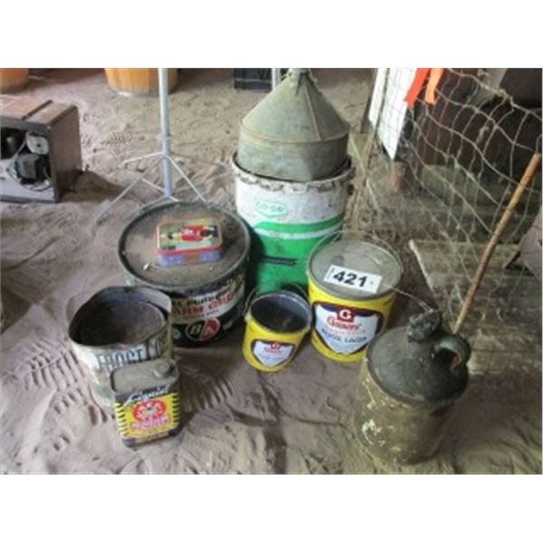 COLLECTIBLE FOUR LARD CANS, STONE JUG, COOP GREASE PAIL, BA GREASE PAIL, TINS
