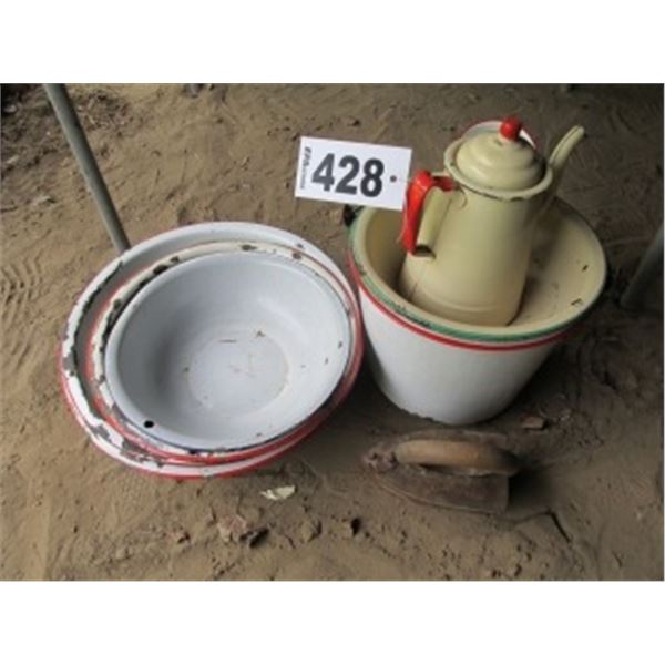 COLLECTIBLE ENAMEL BASINS, PAILS, COFFEE CUP, DIPPER. COAL FIRED IRON