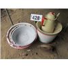 Image 1 : COLLECTIBLE ENAMEL BASINS, PAILS, COFFEE CUP, DIPPER. COAL FIRED IRON