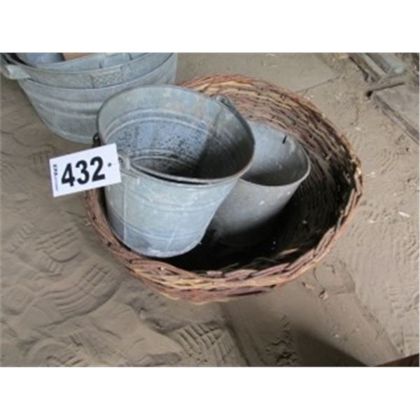 COLLECTIBLE GALVANIZED PAIL, HAND WOVEN WILLOW BASKETS