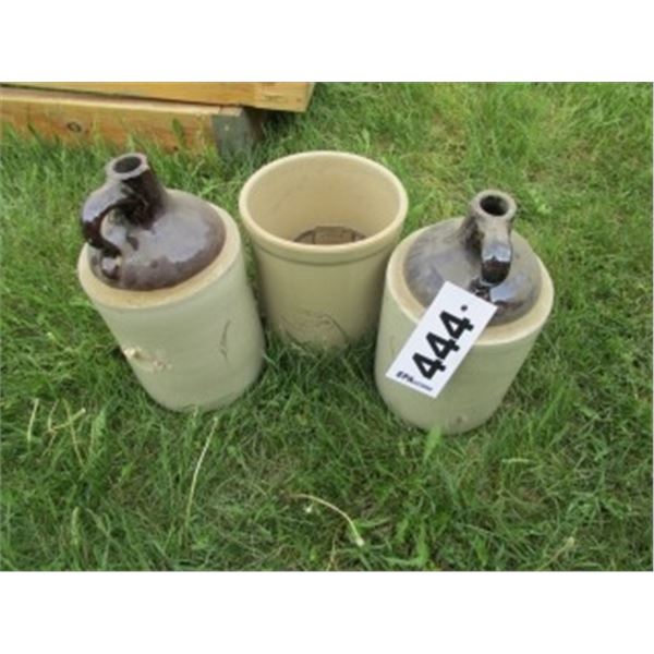 TWO STONE JUGS & ONE MEDALTA STONE CROCK
