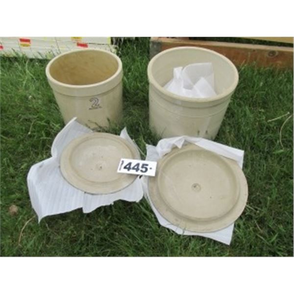 MEDALTA TWO GALLON & THREE GALLON STONE CROCKS W/LIDS