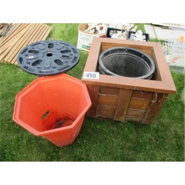WOODEN PLANTER, CONTAINERS & PLASTIC CABLE ROLL