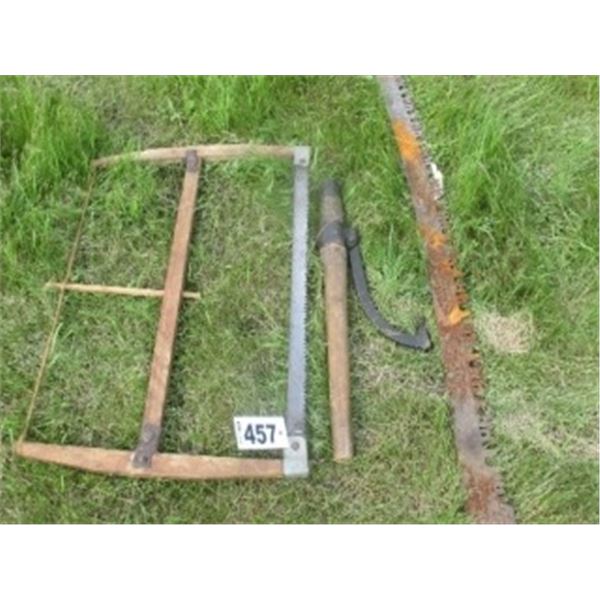 ANTIQUE LOG CANTER, SAW AND TWO MAN SAW BLADE