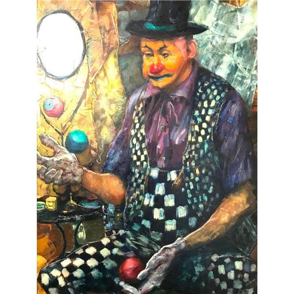 Mid 20thc Russian Signed Painting, Clown Juggler