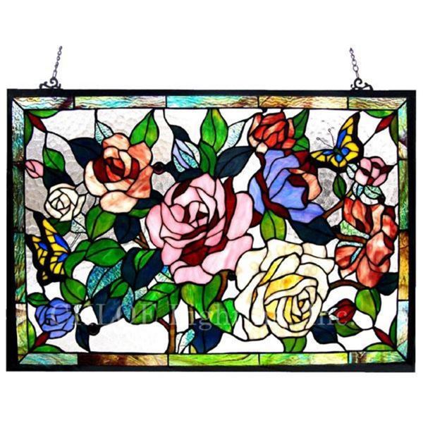 Butterflies & Roses Stained Art Glass Panel