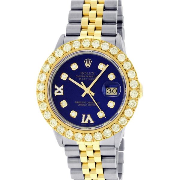 Rolex Mens 2 Tone Blue VS 4 ctw Beadset Diamond Datejust Wristwatch with Rolex B