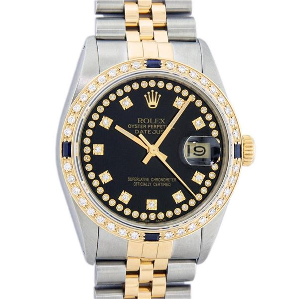 Rolex Mens 2 Tone Black String Diamond & Sapphire 36MM Datejust Wristwatch