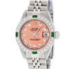 Image 2 : Rolex Ladies Stainless Steel Quickset Salmon Diamond & Emerald Oyster Perpetual