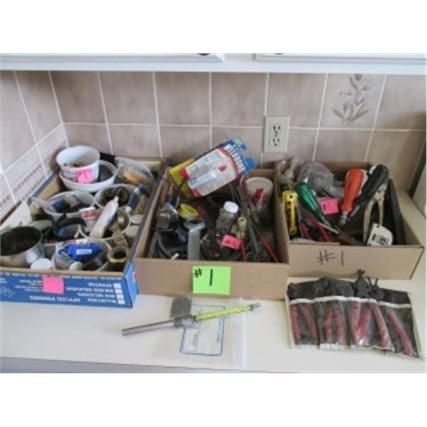 4 BOXES OF TOOLS, SCREWDRIVERS, NAILS, BOLTS, SCREWS, TAPE MEASURE, GLUES
