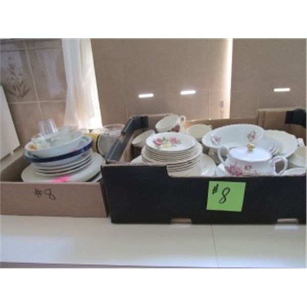 2 BOXES C/W MISC DISHES, CUPS, FULL SET FLORAL DINNERWARE SET