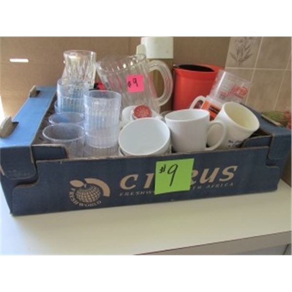 3 BOXES C/W MUGS, GLASSES, PITCHERS, THERMOS, GLASSES, WINE GLASSES