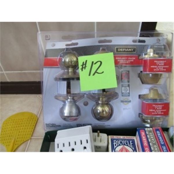 2 DOOR LOCK SETS WITH DEAD BOLTS, SMALL BROOMS & BOX OF PLAYING CARDS