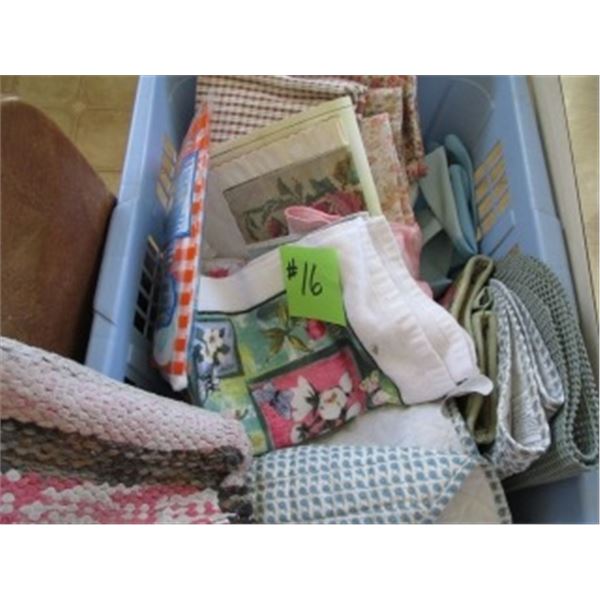 LAUNDRY BASKET OF TEA TOWELS, PLACE MATS, DISH RAGS, CHEESE CLOTH, FLOUR SACK TEA TOWELS