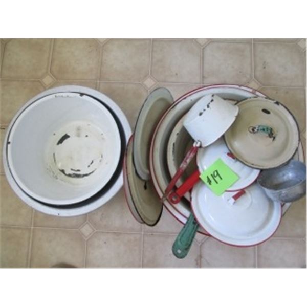 ENAMELWARE POT LIDS, POTS, DISH PANS