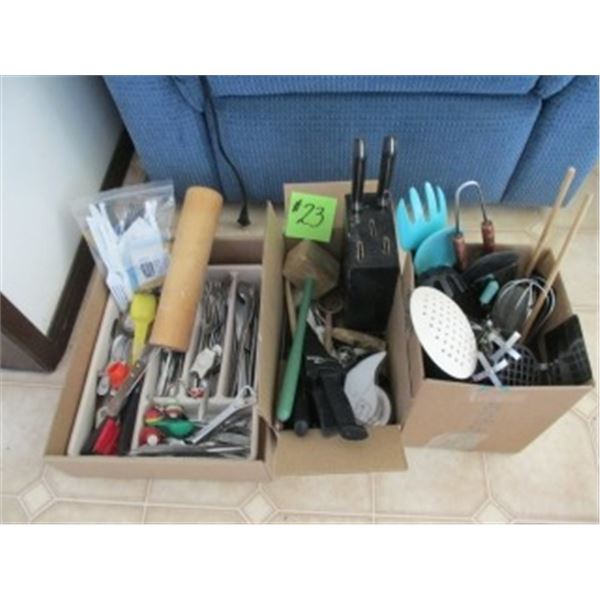 3 BOXES C/W CUTLERY, KITCHEN UTENSILS, KNIFE BLOCK & KNIVES