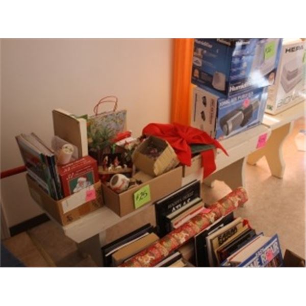 3 BOXES C/W CHRISTMAS CARDS, BAGS, BOWS, CANDLES &  ASSORTED BOOKS