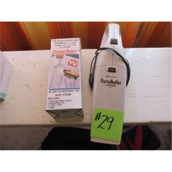 STEAM AWAY IRON SANYO, PORTABUTLER RECHARGEABLE DUST BUSTER, ASSORTED COOLER BAGS, CARRY BAGS