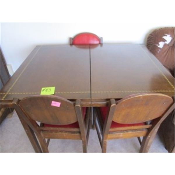 ANTIQUE TABLE, LEAF & 3 CHAIRS