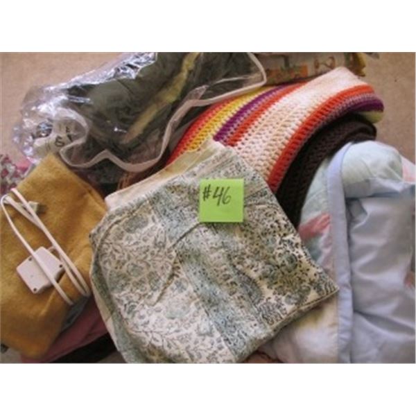 LARGE QUANTITY OF BLANKETS, DRAPES, & 1 HEATING PAD