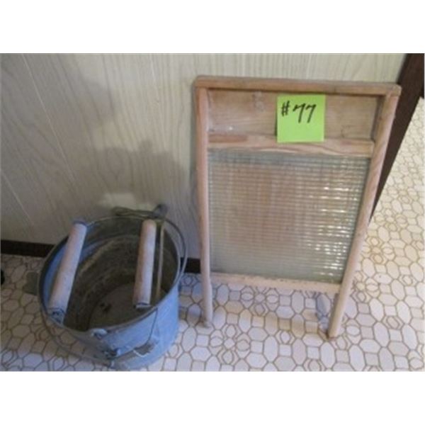 WOODEN WASHBOARD AND OLD METAL MOP PAIL