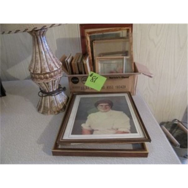 TABLE LAMP, PICTURE FRAMES, PICTURES