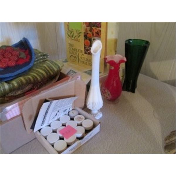VASES, VINYL REPAIR KIT, SELF HELP BINDER, FABRIC & CROCHETED GRAPES