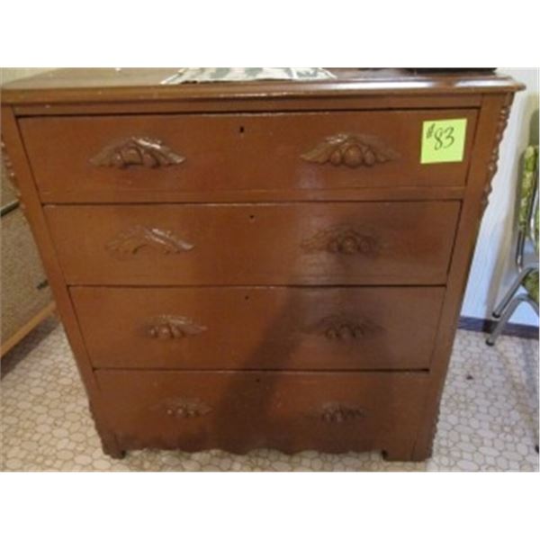 OLD WOODEN 4 DRAWER DRESSER WITH CARVED FRUIT HANDLES, WITH WOOD FROM DOMINION TEXTILES CRATE