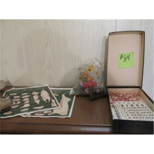 BINGO BOARD GAME, VINTAGE HAIR CURLERS, BUTCHER'S MEAT DIAGRAMS, CANVAS STRAP