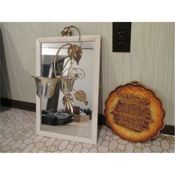 2 LARGE COPPERCRAFT WALL ART, MIRROR, CHALKWARE PRAYER, METAL WALL VASE