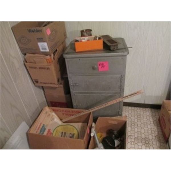 GREY METAL CABINET C/W CONTENTS, 2 BOXES PAPER BAGS, FARM SHOW PUBLICATIONS