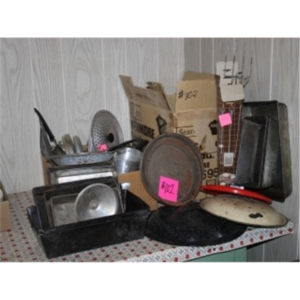 BREAD PANS, BBQ SET, ELECTRIC WALL CLOCK, COFFEE POTS, ENAMEL LIDS