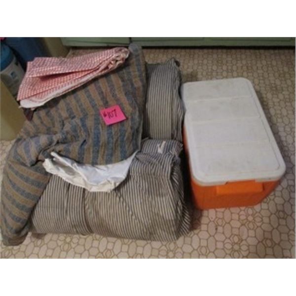 CHEST COOLER, 2 ROLL UP MATTRESSES, PLASTIC TABLE CLOTH