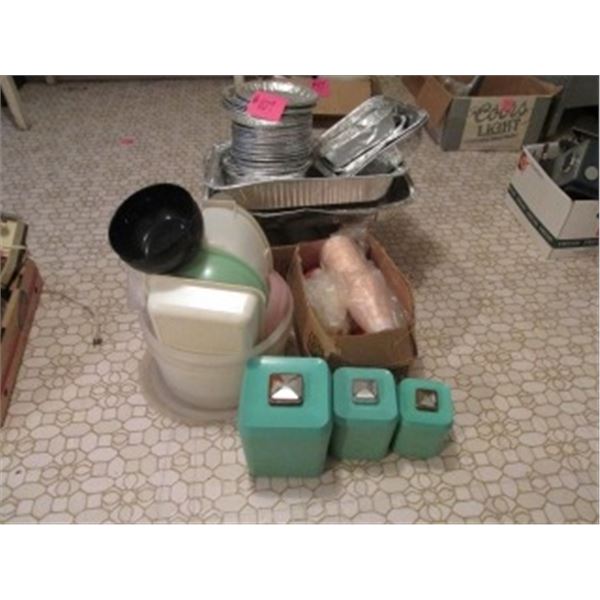 TEAL CANISTER SET, ALUMINUM PIE PLATES, PLASTIC CUPS, PLASTIC BOWLS