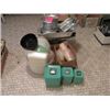 Image 1 : TEAL CANISTER SET, ALUMINUM PIE PLATES, PLASTIC CUPS, PLASTIC BOWLS